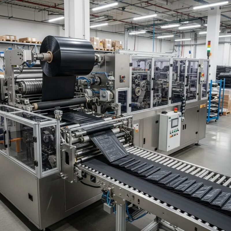 Automated machine for producing garbage bags in a modern factory setting