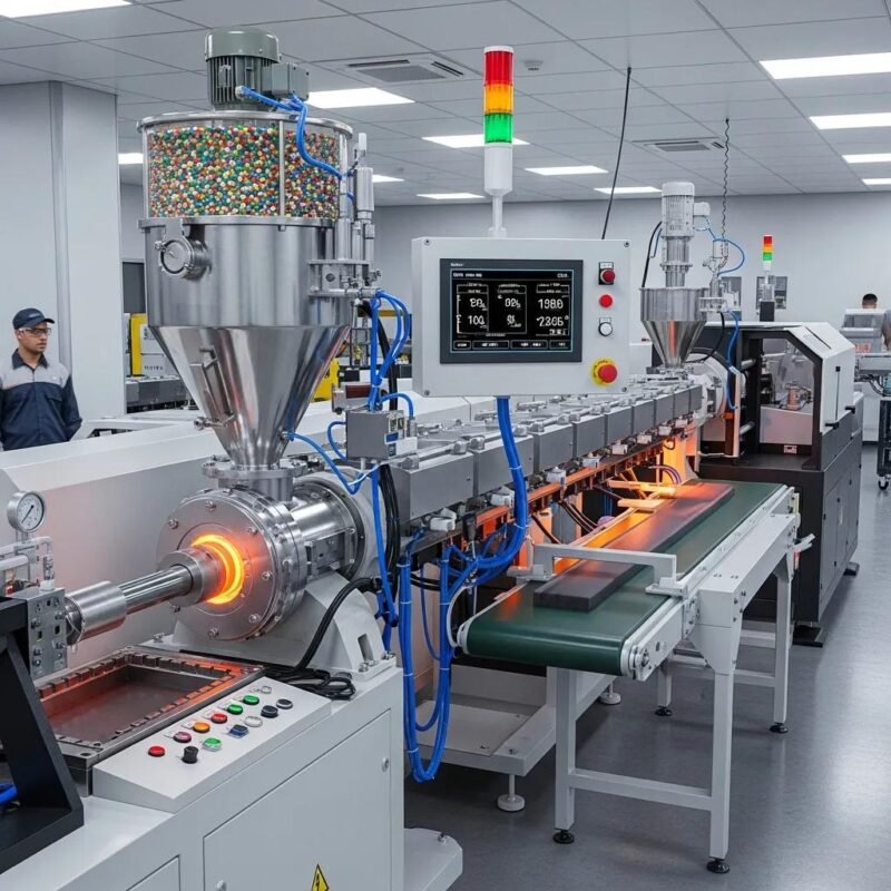 Modern plastic extrusion machine in operation, showcasing key components and manufacturing process