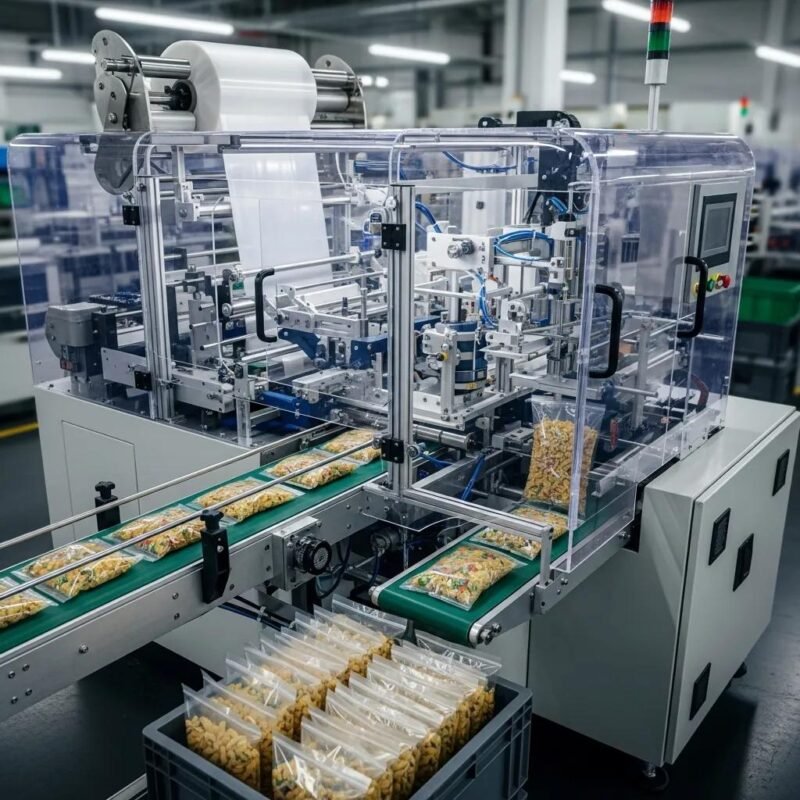 Modern transparent packaging machine producing cellophane bags in a factory setting